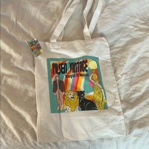 Vintage White Canvas Tote Bag with Artistic Design